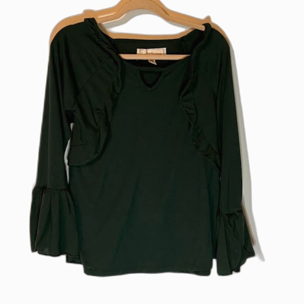 French Laundry Modern Bohochic Forest Green Long Sleeve Ruffle Detail Shirt SZ L